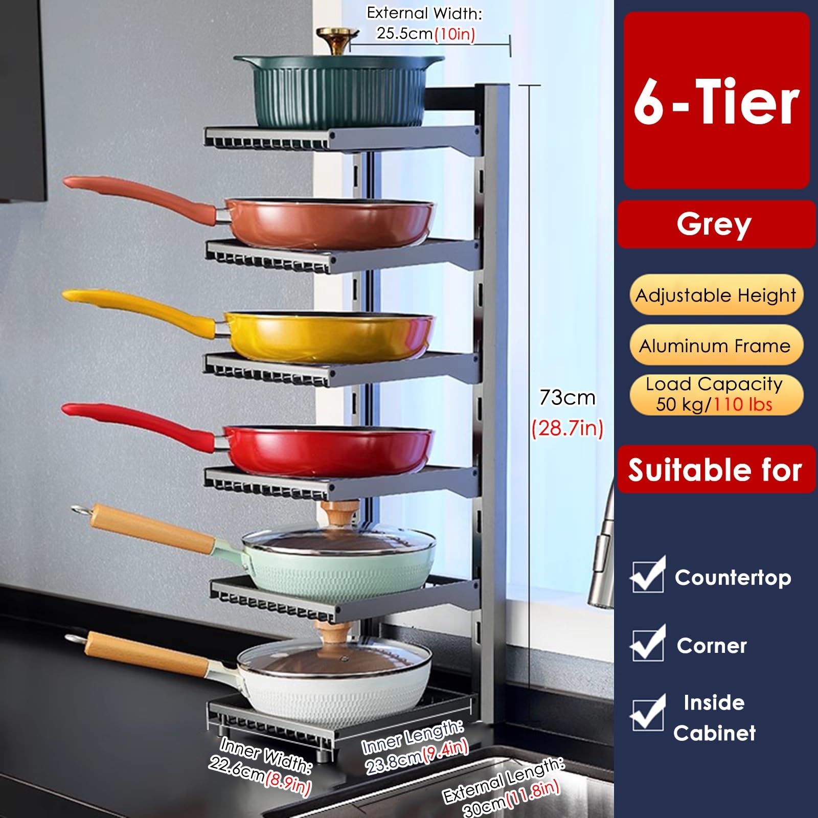 Organizador de ollas y sartenes de alta resistencia, ajustable de 3 a 6 niveles, vertical para debajo del gabinete, estante desmontable con patas antideslizantes y 6 divisores (gris)