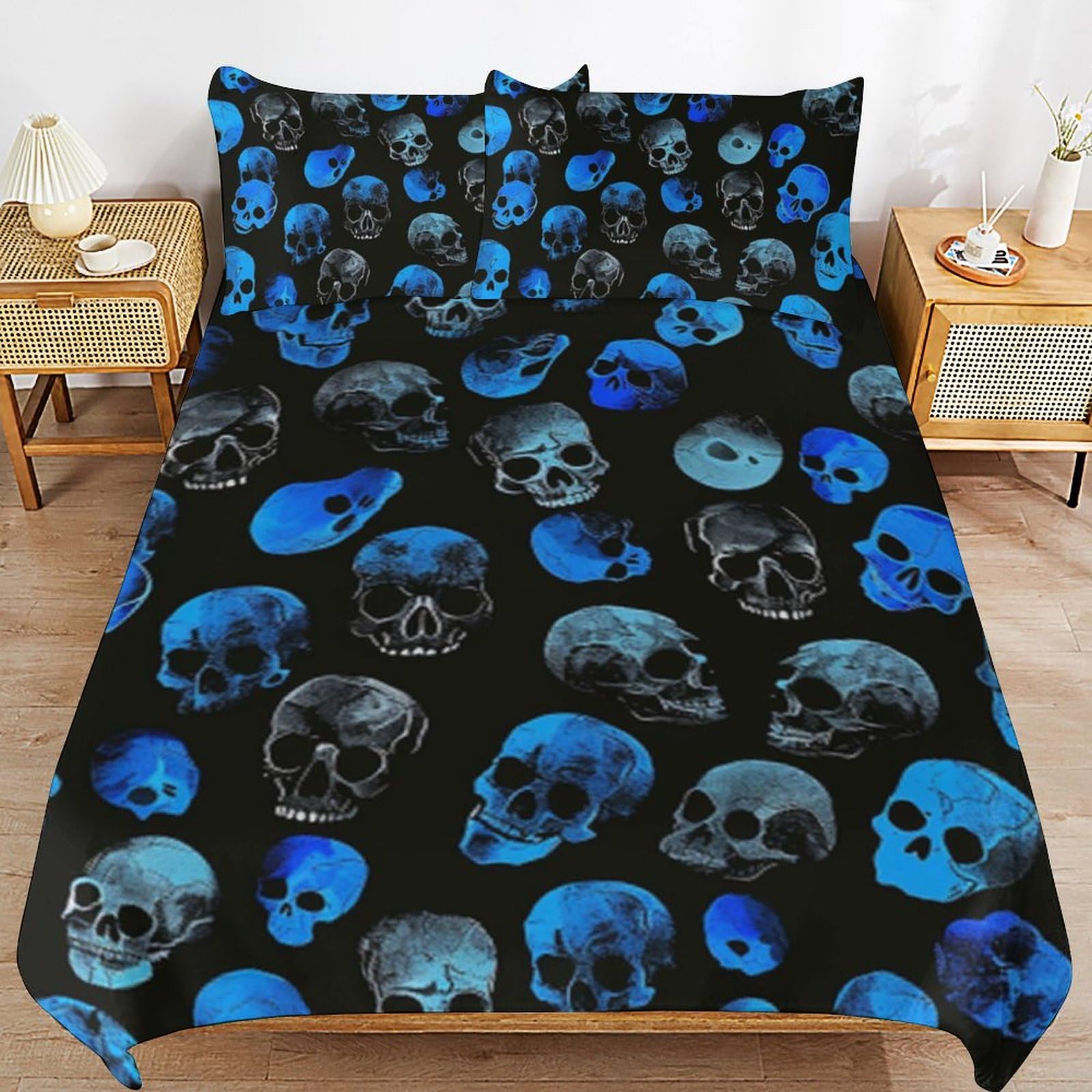 Housse de couette crâne de squelette pour parure de lit Halloween gothique avec zip