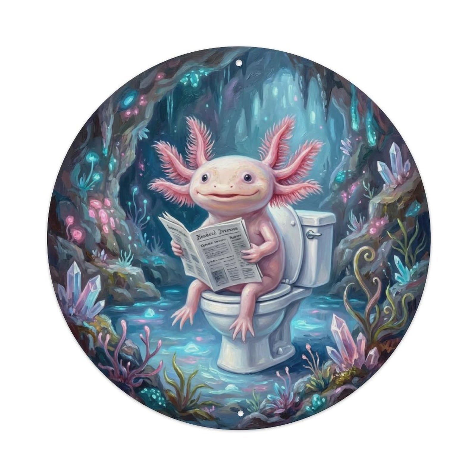 Axolotl On Toilet Humorous Bathroom Cave Pool Reads Metal Tin Sign