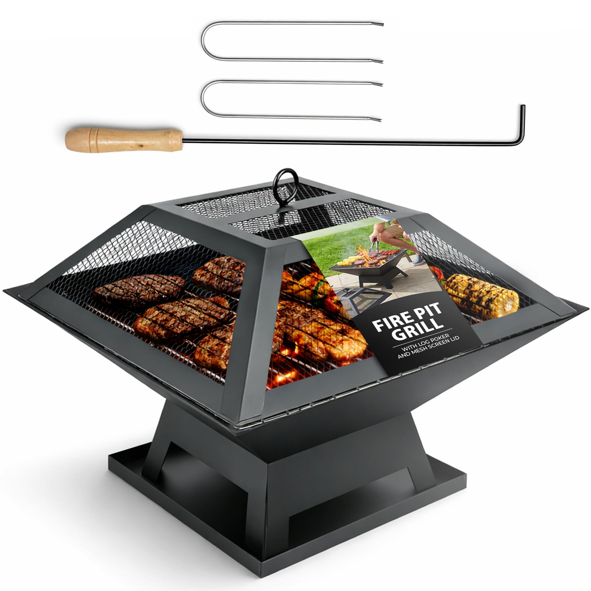 ZENO Square Fire Pit | BBQ Grill Heater 3 in 1 | Outdoor Garden Patio Heater Firepit | Metal Square Garden Accessories with Log Poker | Mesh Screen Lid | Brazier Patio Outside