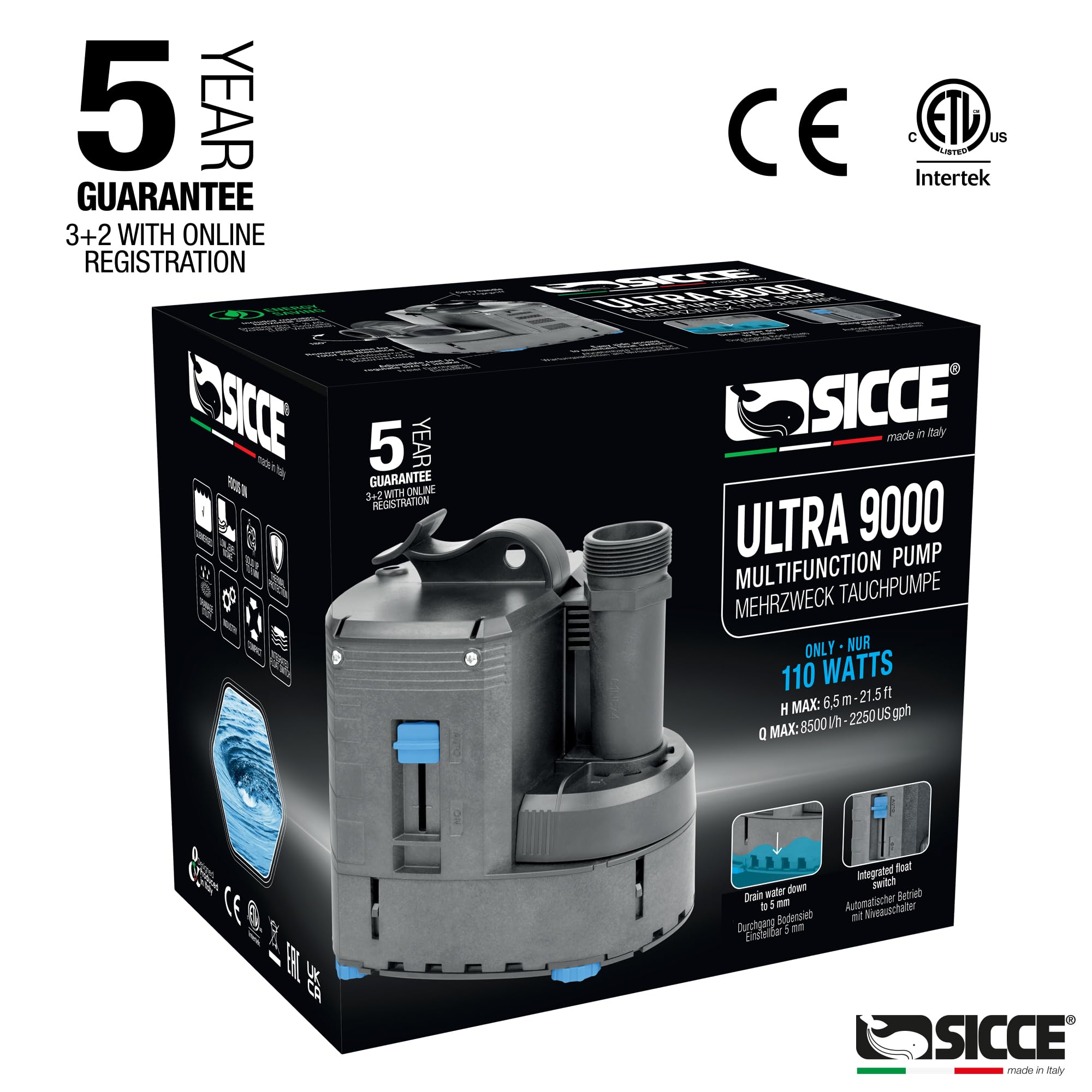 SICCE ULTRA 9000 Bomba de inmersión, vacía piscinas y pozos, automática con flotador 10 m 3P EU