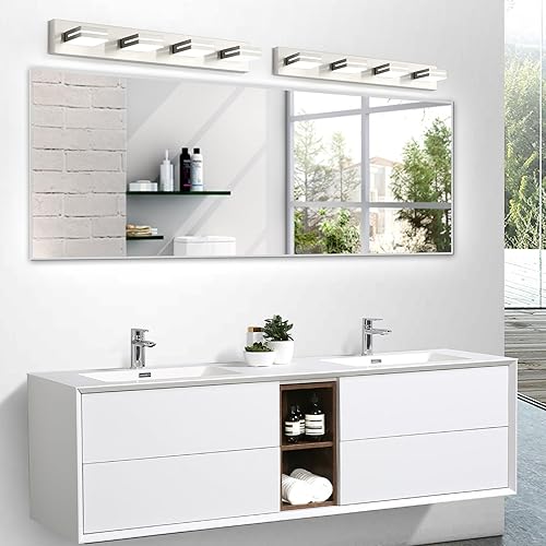 Miniatura 8 de OKELI 4 luces de tocador de baño de níquel cepillado LED regulable luz sobre espejo moderno accesorio de iluminación montado en la pared, cabezal de