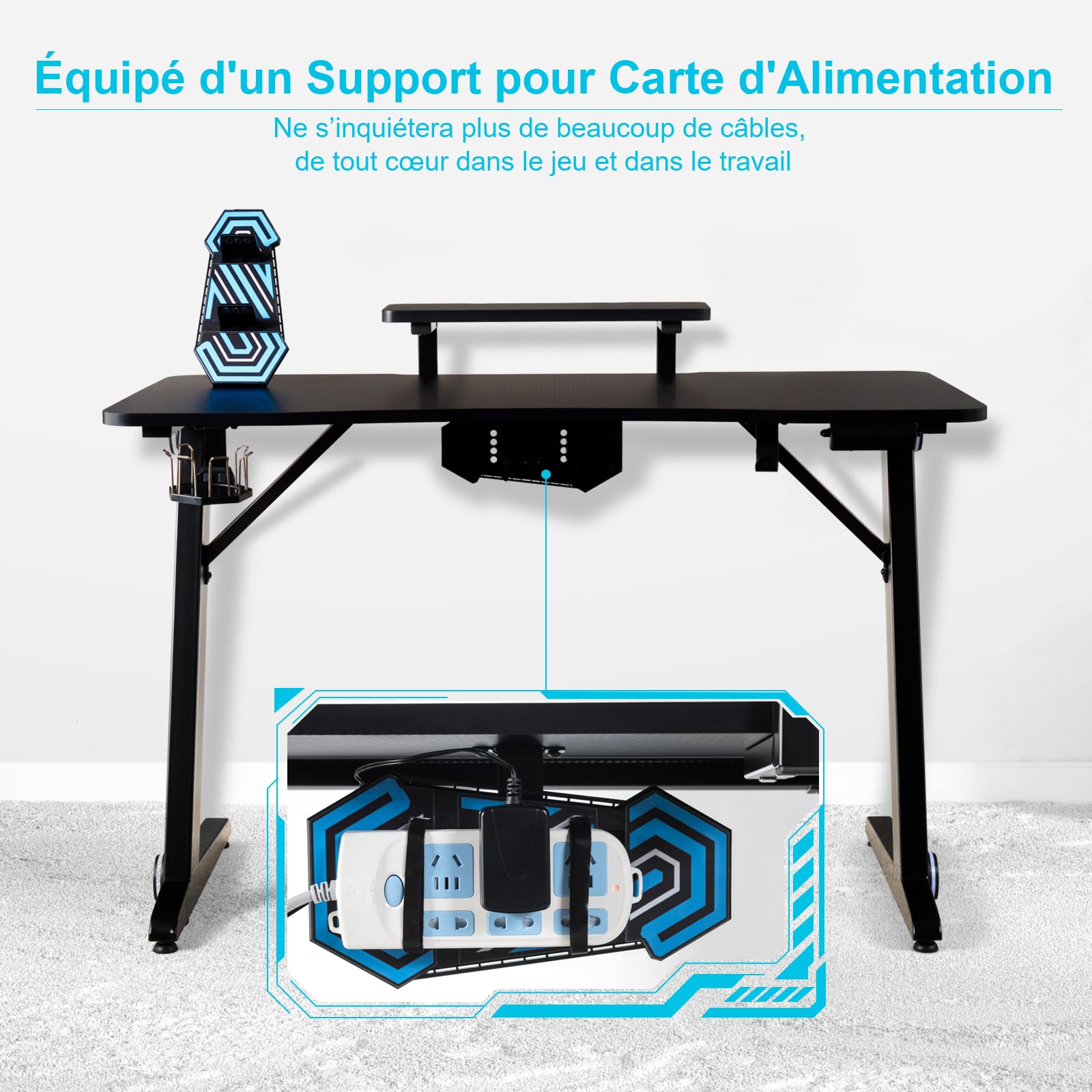 Bureau Gamer Bureau de Jeu pour Gaming avec Stockage Vidéo, Porte-Gobelet et Crochet 115 x