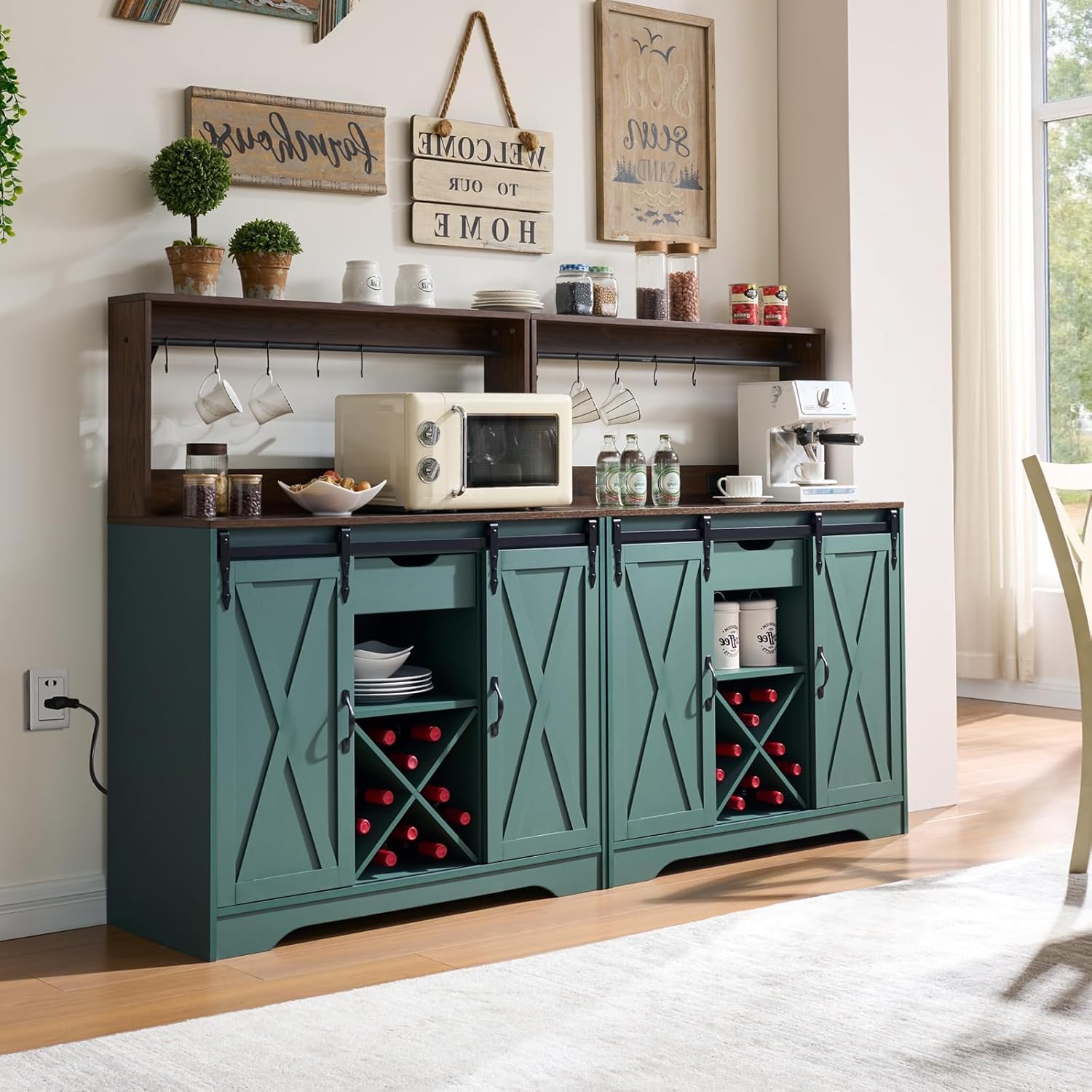 Wnutrees Farmhouse Coffee Bar Cabinet with Charging Station and USB Ports,Sliding Barn Door,39" Kitchen Hutch Sideboard Buffet Storage Cabinet,Fits Kitchen Dining Living Room, Green
