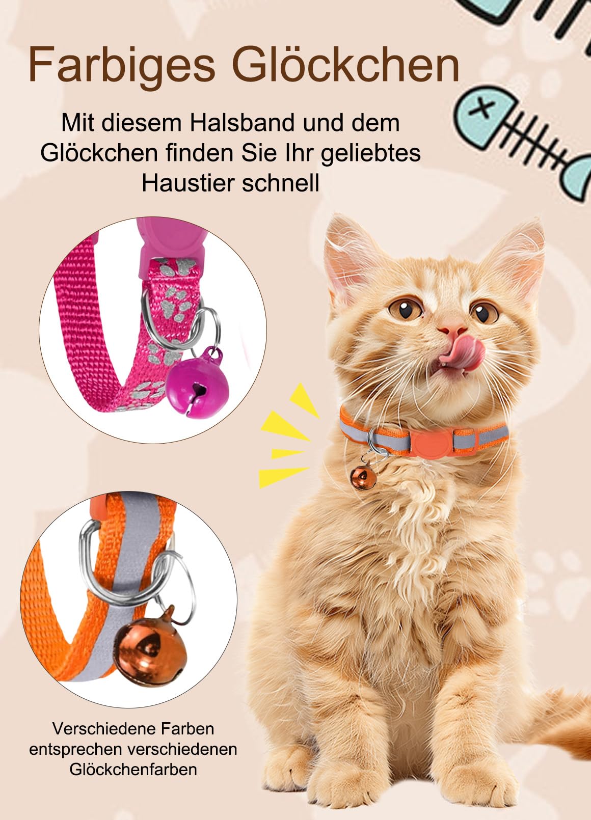 Set 6 Collari Per Gatti Con Campana E Chiusura Rapida - Riflettenti, Regolabili 19-32cm