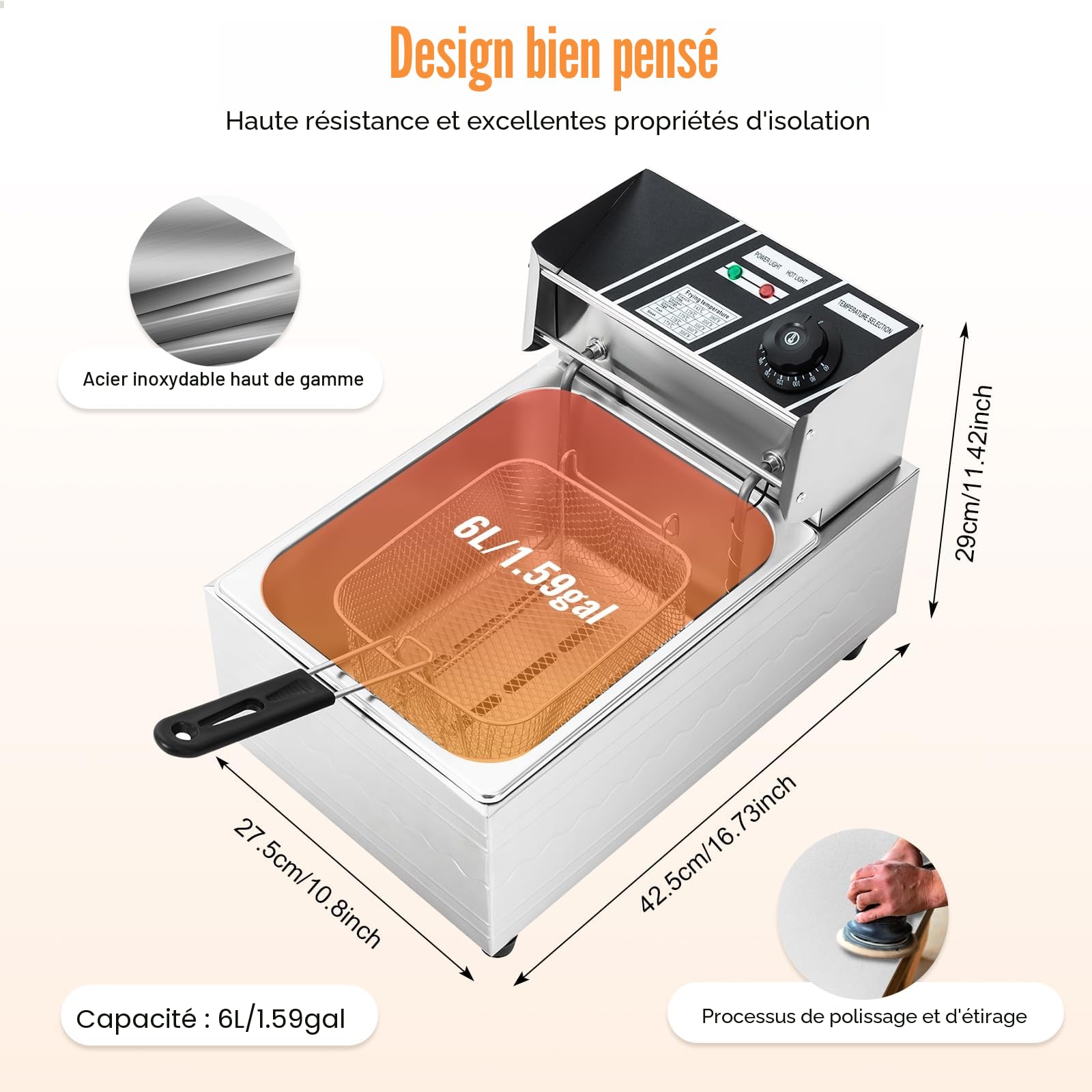 Friteuse électrique avec une capacité de 6 l - 2500 W - En acier inoxydable - Avec technologie de zone froide - Panier friteuse de cuisine de 60 à 200 °C - Régulateur de température indépendant