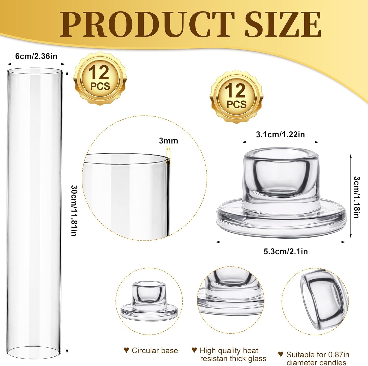 12 Set Glass Hurricane Candle Holders 11.8" Open Ended Glass Candleholder Tube Shape Bottomless and 2.1" Taper Clear Candlestick Holder Bulk for Wedding Party Table Centerpiece Home Decor (12, Clear) - Image 3
