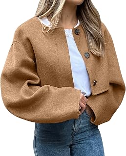Women Cropped Wool Blend Coats Round Neck Button Down Pea Coat Casual Long Sleeve Short Overcoat Fall Winter Outwear