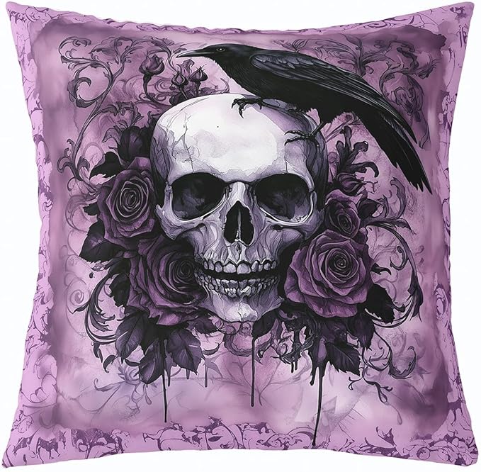 Erosebridal Gothic Halloween Skull Throw Pillow Covers 18x18 Purple Sugar Skull Pillow Cover Goth Bones Skeleton Cushion Cover Crow Rose Flower Pillowcases for Couch Sofa