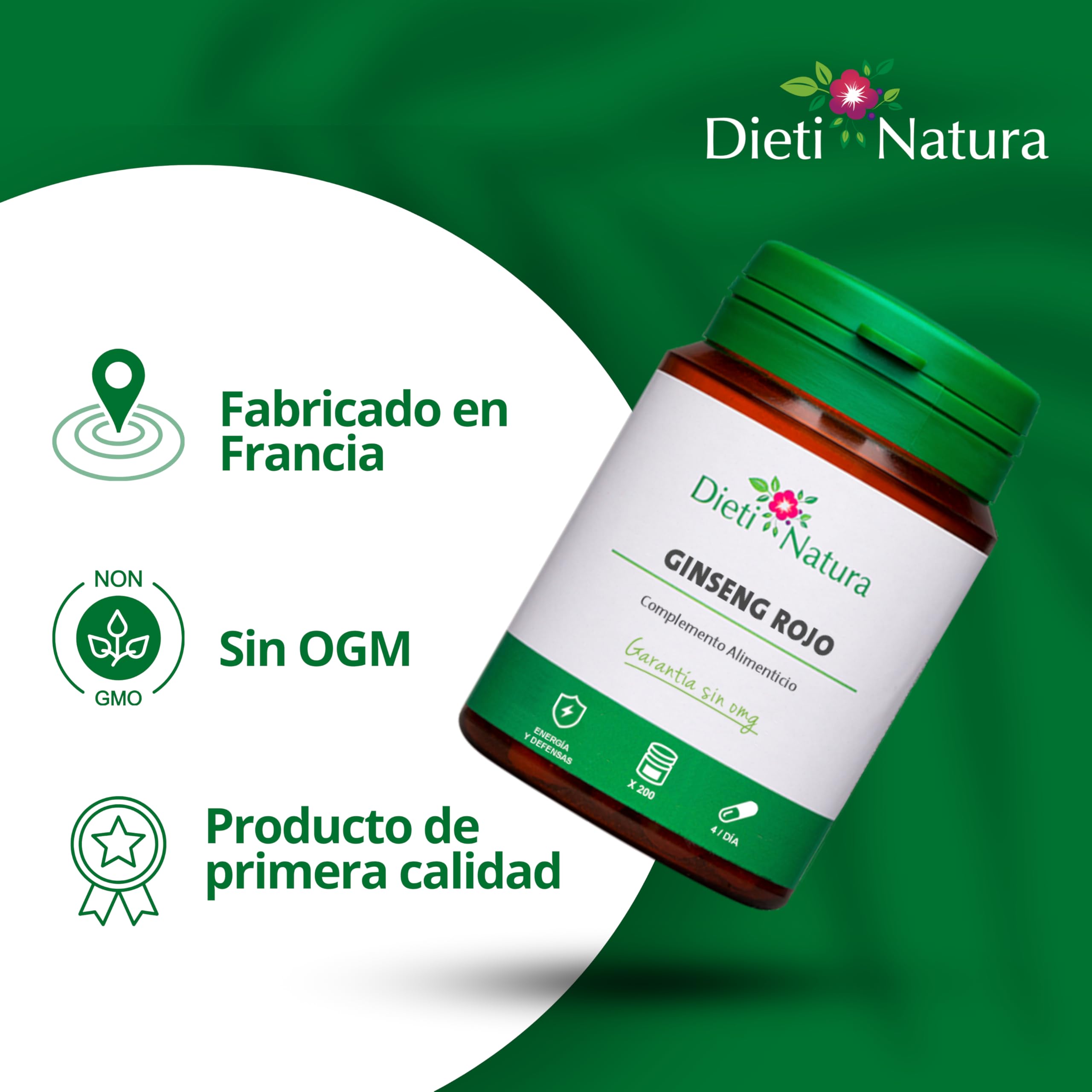 Dieti Natura Ginseng Rojo 200 Cápsulas - Ginseng Rico en Ginsenósidos para el Rendimiento Físico y Mental - Ideal Contra la Fatiga - Ginseng Rojo para Vitalidad y Energía - Garantía sin OGM