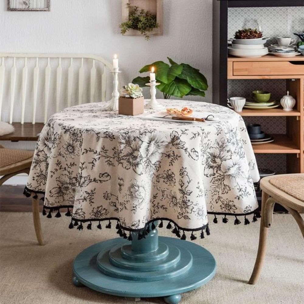 Nappe Ronde en Coton et Lin à Pompons Ø 120 cm Florale pour Table de Cuisine