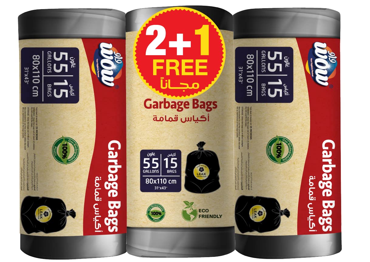 WOW Oxo-Biodegradable 100% Plastic 15's Value Pack 2 + 1 Free Garbage Bag 55 Gallons Eco Friendly Leak Protection 80x110cm