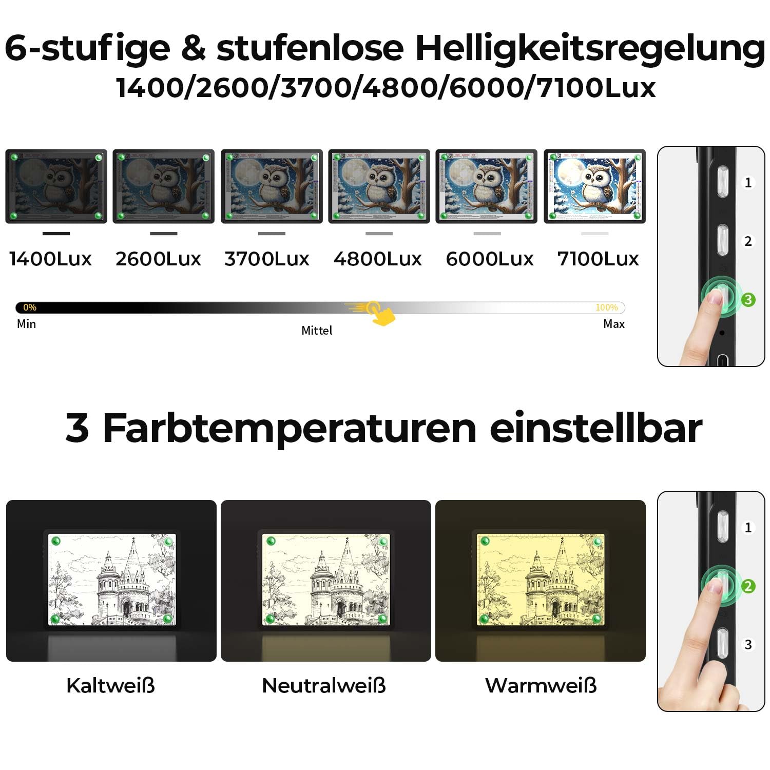 Zocelight wiederaufladbares A4 Leuchttisch mit integriertem Ständer & Tasche, Superheller magnetischer light box mit physischen Tasten,Lichtkasten für diamond painting, Leuchtplatte für Skizzieren