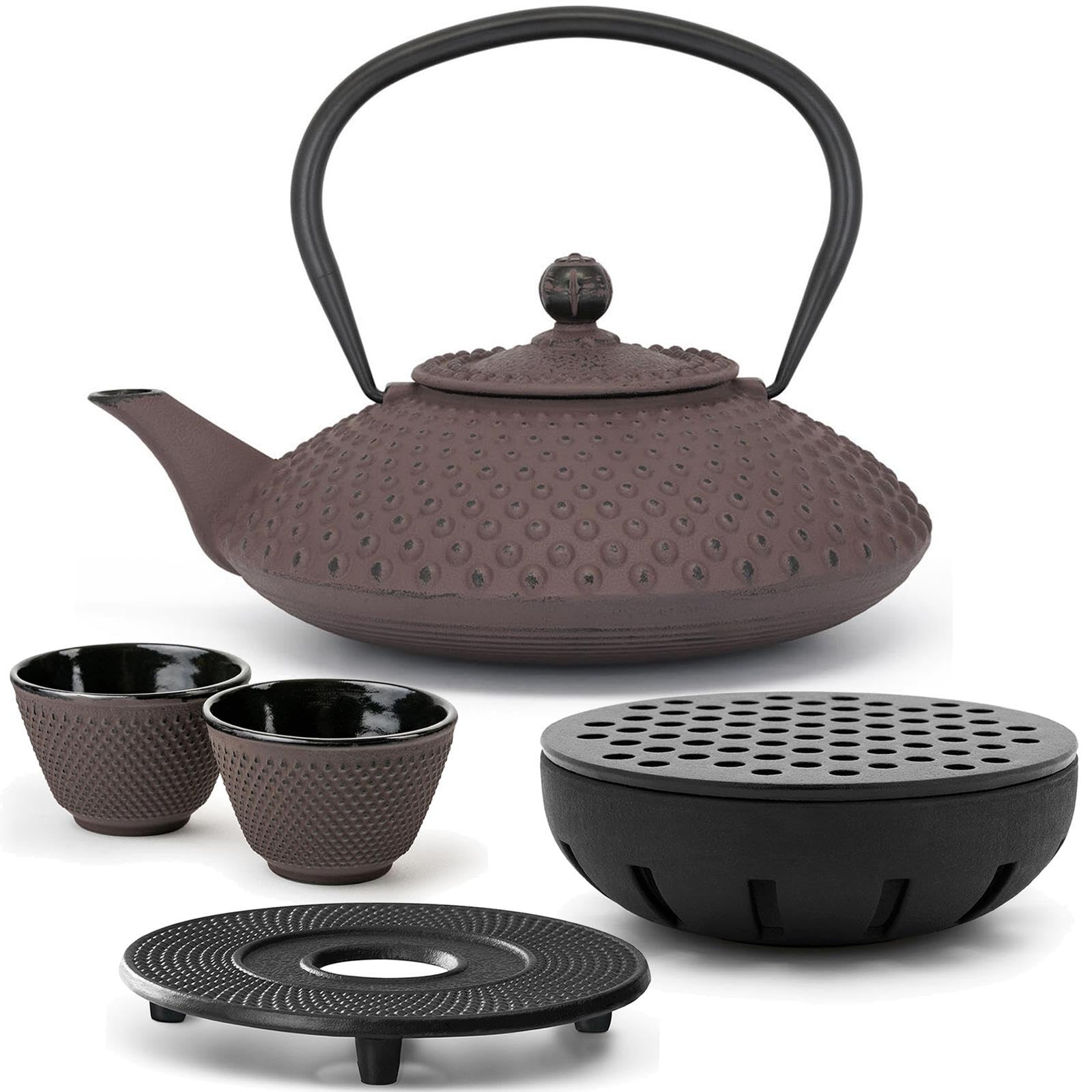 Bredemeijer Gusseisen Teekanne 1.25 Liter Induktion - flache Asia Gusskanne aubergine im Set mit Untersetzer & Teewärmer & 2 Teebecher (Tassen) & Teefilter-Sieb-Einsatz