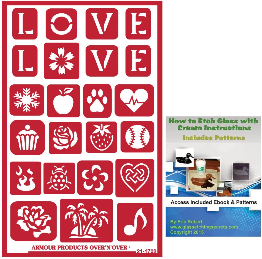 Love Assortment Iconography Reusable Stencils: Heart, Pet Print, Baseball, Rose, etc + How to Etch eBook