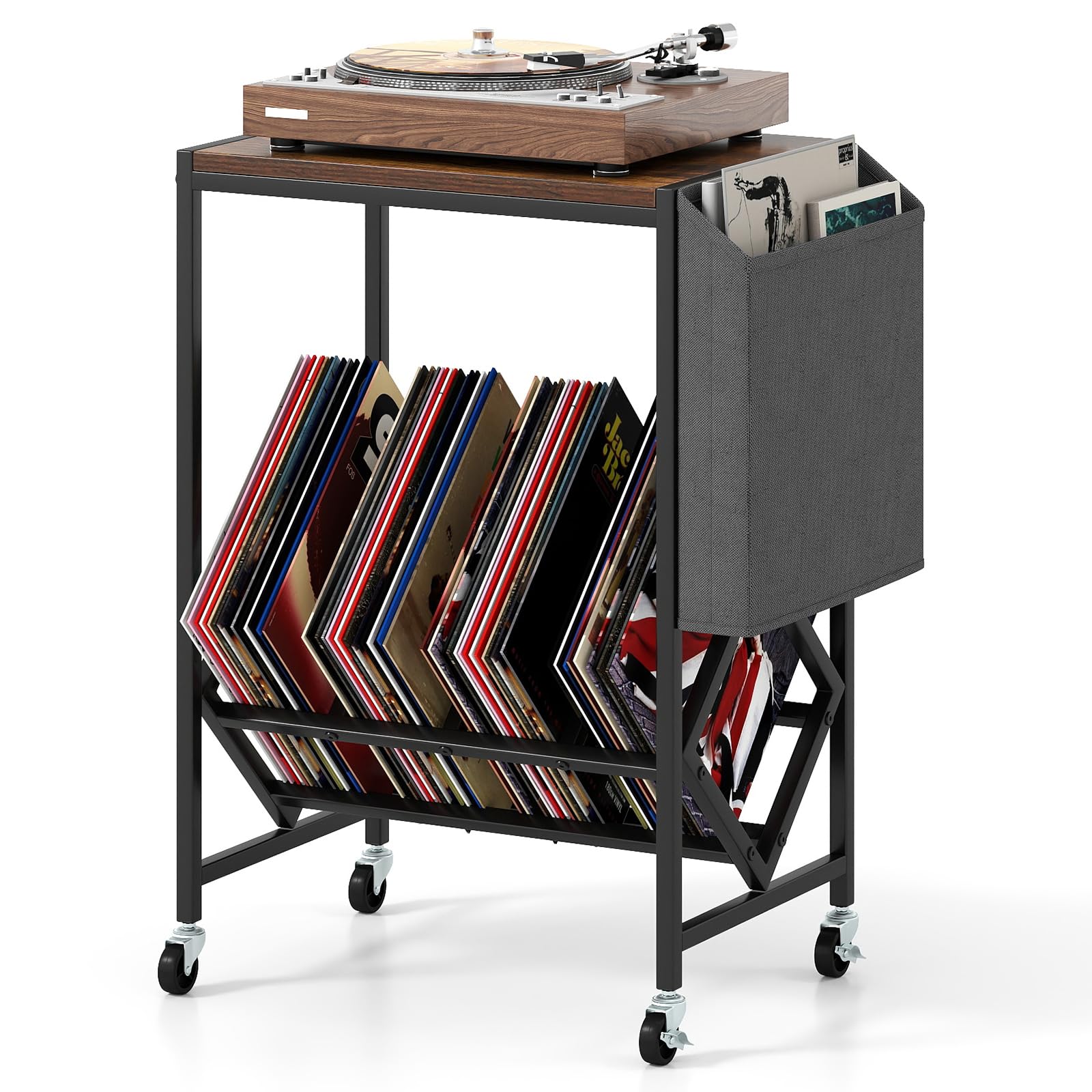 GIANTEX Meuble Vinyle à roulettes avec Poche Latérale, Meuble Vinyle Rangement pour 100 Albums CDs, Cadre en Métal, Support pour Tourne-Disques pour Salon, Salle de Musique (Marron)