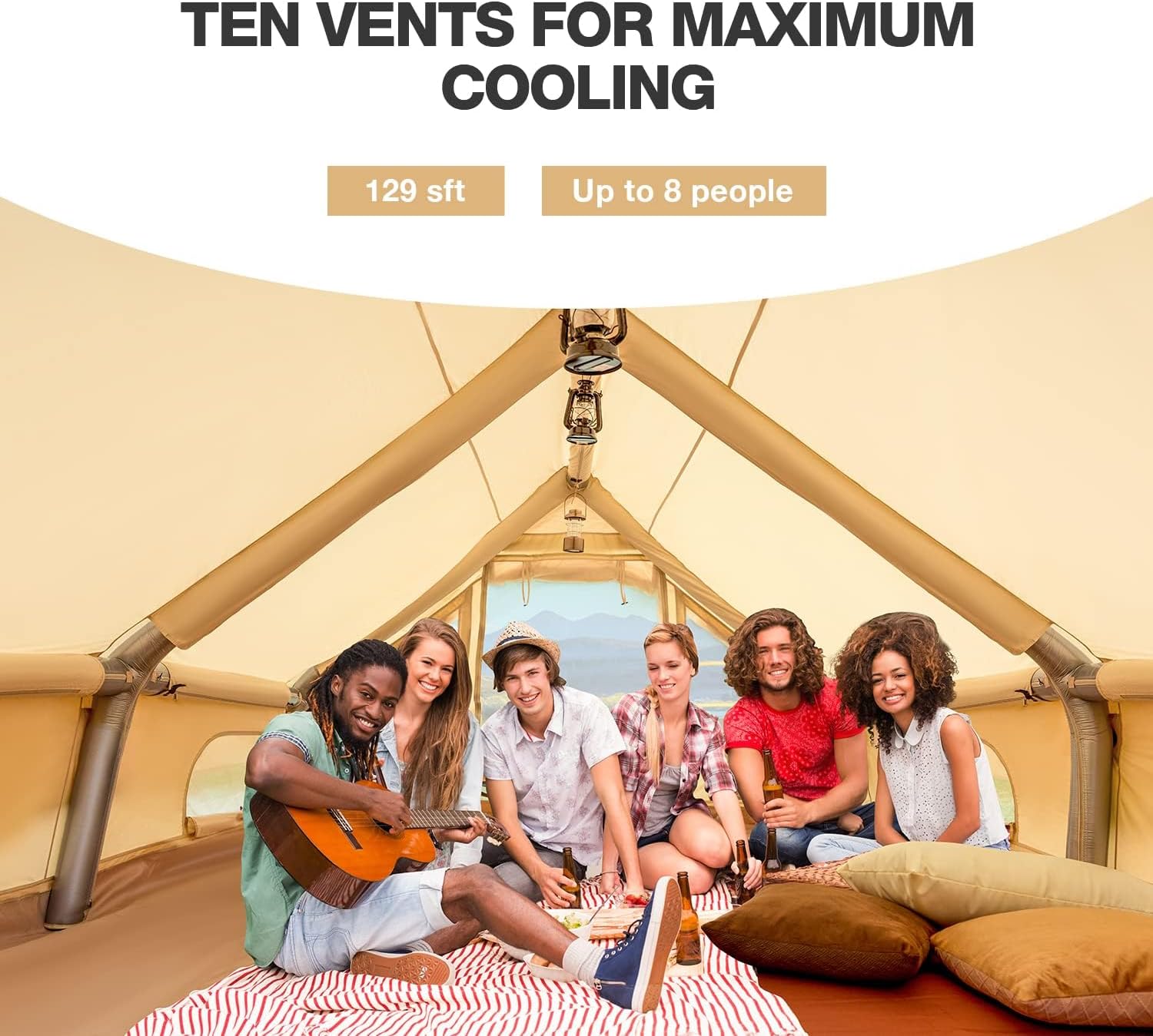 EROMMY 6-8 Person Inflatable Tent for Camping, Easy Setup 130 Square Camping Tent with Mesh & Chimney Windows, Large Tents for Outdoor Camping