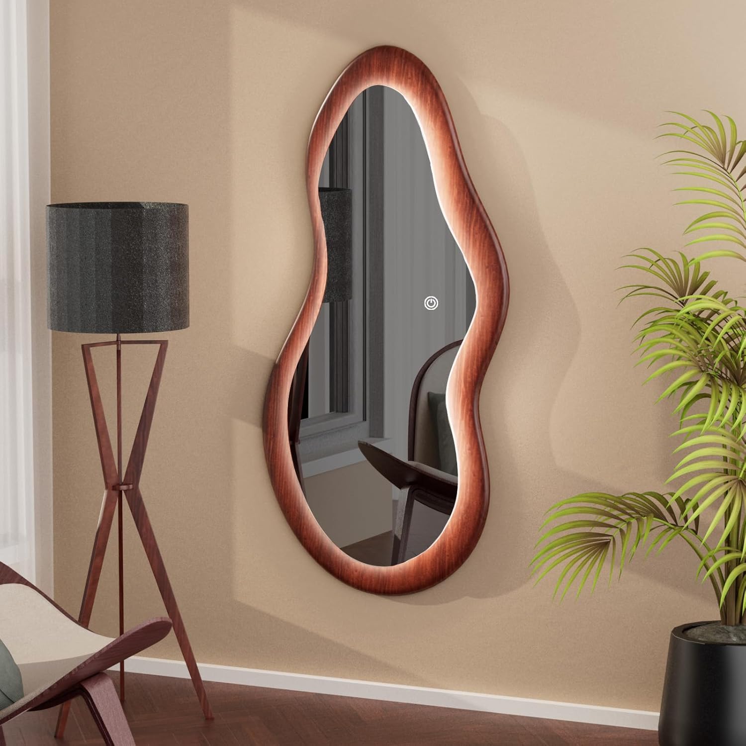 48"x 24" LED Wood Full Length Mirror with Lights Irregular Wavy Full Body Mirror Shatter-Proof Hanging/Leaning Wall Mounted Walnut Wooden Framed Mirror for Dressing Bedroom Living Room