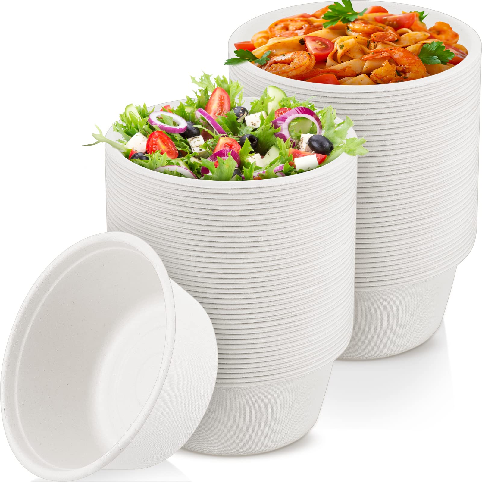 Tessco for you 100 Pack Large Disposable Salad Bowls Deep Heavy Duty Paper Bowls Sugarcane Fiber Compostable Biodegradable Microwave Safe for Hot Cold