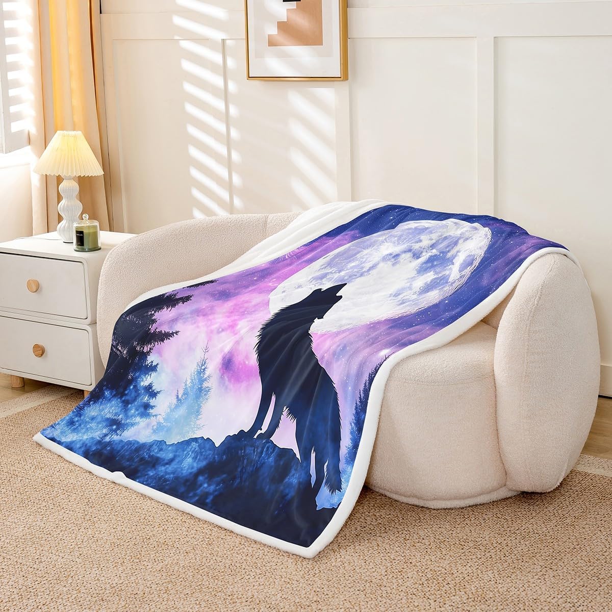 Feelyou Wolf Fleece Throw Blanket Twin 60"x80" Mountain Moon Wolf Sherpa Blanket for Bed Sofa Couch Boys Teens Decor Wolves Howling Plush Blanket Animal Wolves Fuzzy Blanket Moon Flannal Blanket