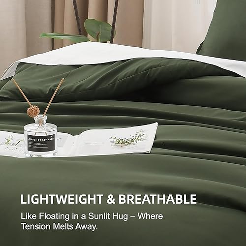Miniatura 6 de Litanika Juego de edredón California King de 3 piezas, tamaño California King, color verde oliva oscuro, ligero, suave, liso, de verano, juego de