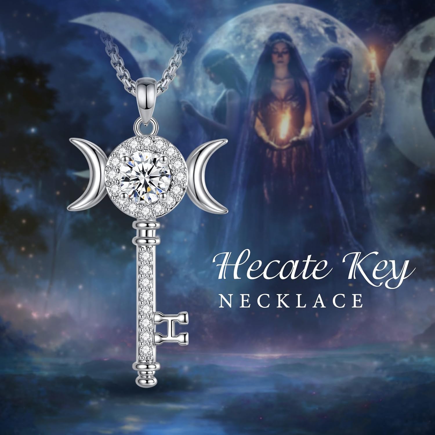 Hecate Key Necklace for Women, 2 Carat Moissanite Copper Plated Rhodium Hekate Key Triple Moon Goddess Pendant Witchy Pagan Wiccan Protection Amulet Jewelry Gifts for Women 22"+2"