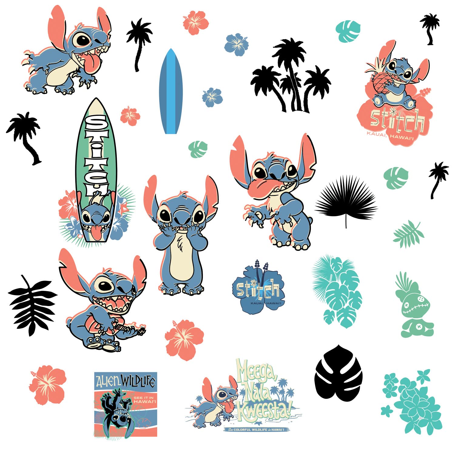 Disney RMK5367SCS Stitch Surfer Repositionable Stickers, Blue, Green, Black - Image 3