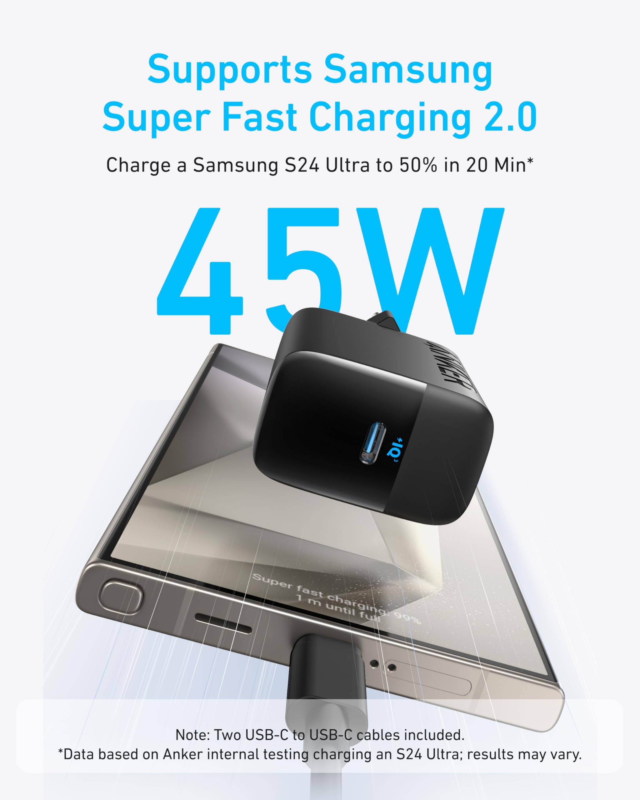 Caricabatterie superveloce Anker USB-C da 45W, con cavo USB-C, supporta la ricarica rapida PPS per Samsung Galaxy S24 Ultra/S24/S23+/S23/S22/Note20, iPhone, Pixel e altro (2 cavi da 1,5m inclusi)