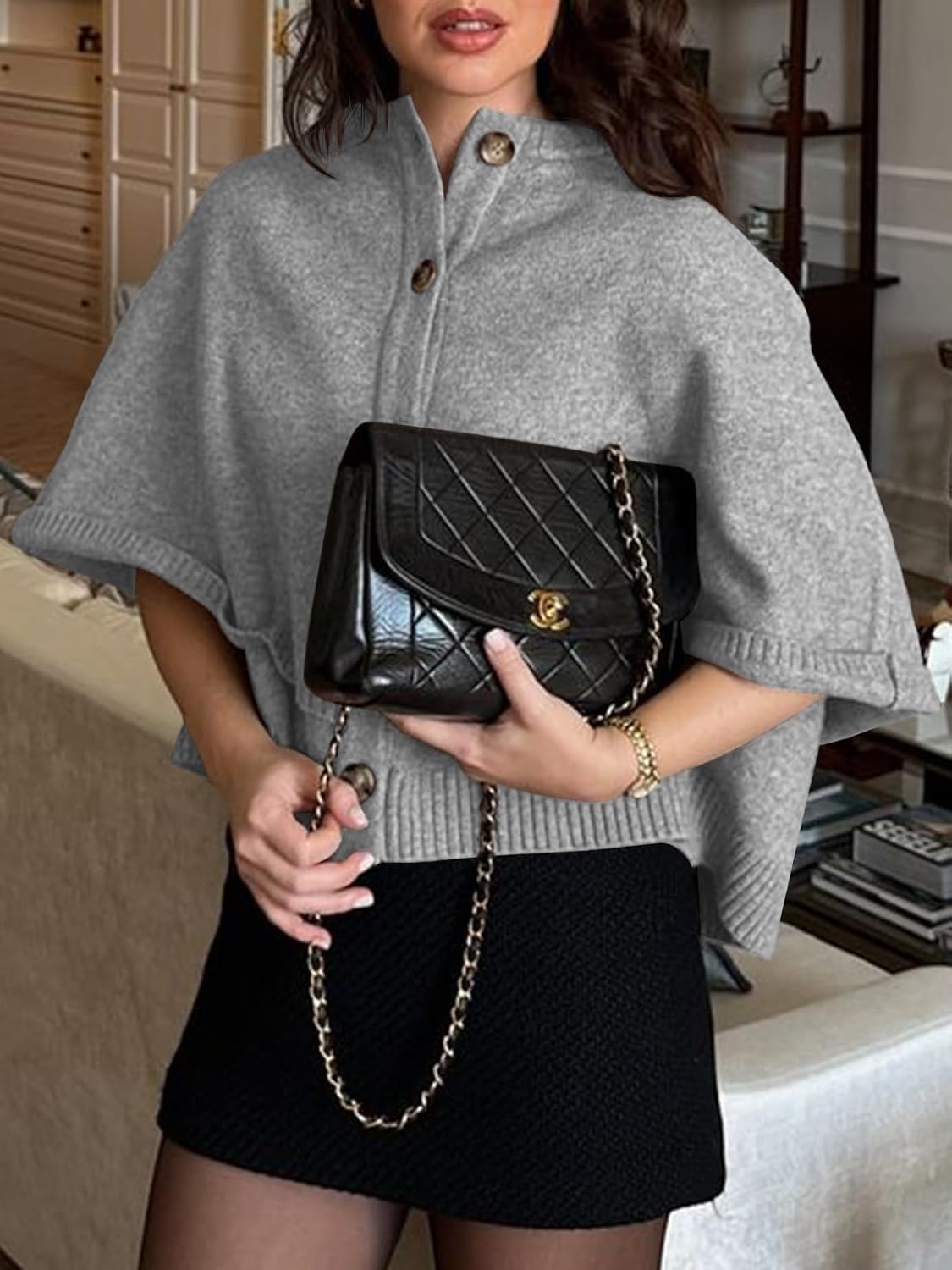 Saodimallsu Womens Cropped Cape Cardigan Button Up Crew Neck Jacket Shawl Fall Trendy Knit Sweater - Image 4