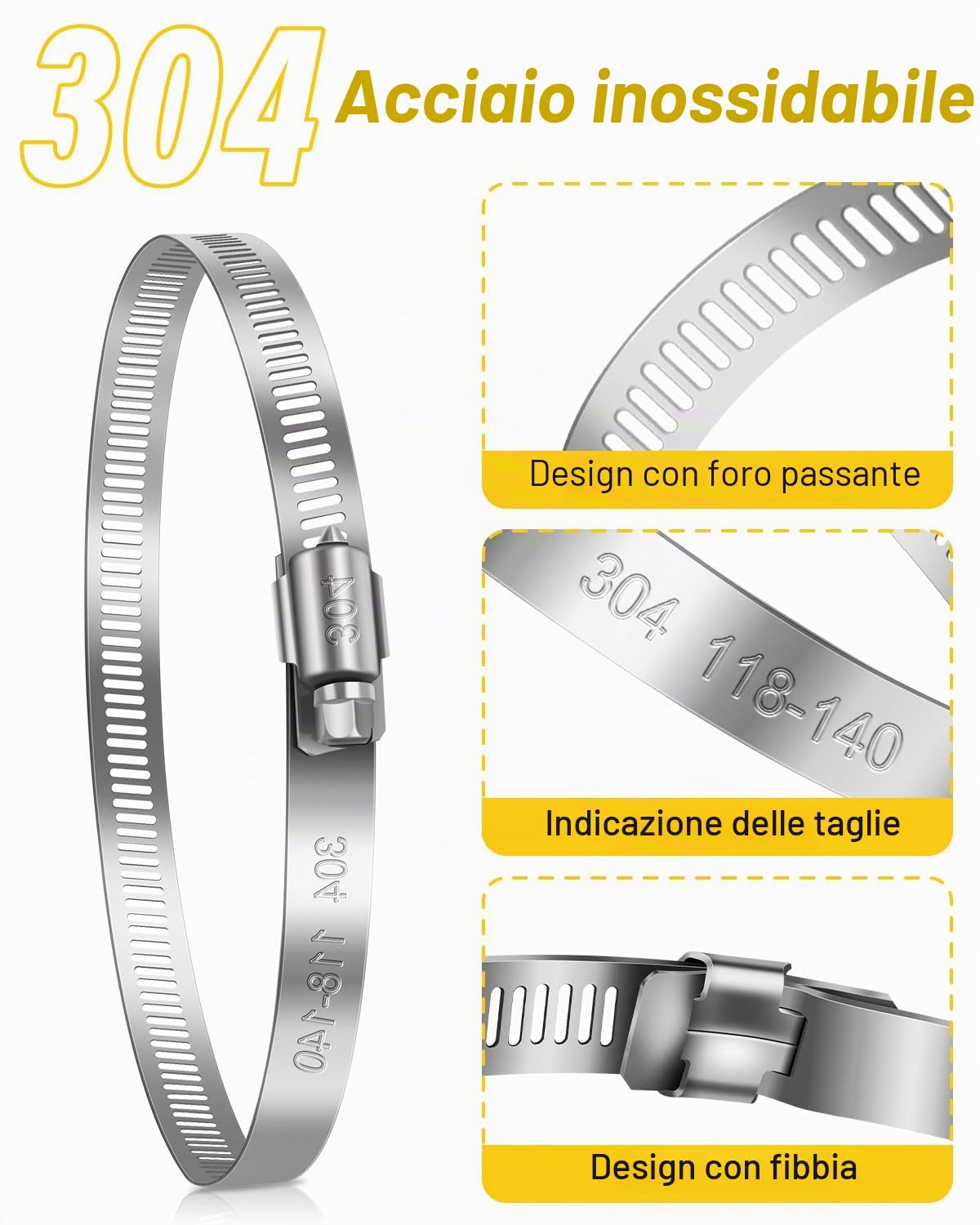 Caianwin 6 fascette stringitubo di grandi dimensioni, 141-165 mm, regolabili, in acciaio inox 304, per automotive, meccaniche, agricoltura