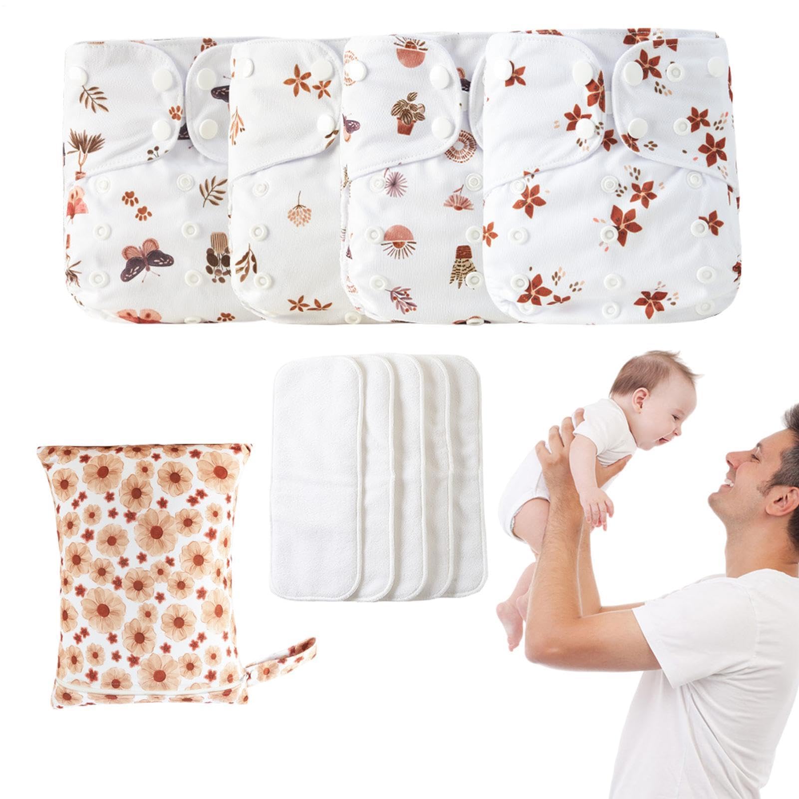 Mehrweg Babywindeln 4x 4 Einlagen 1 Wetbag Saugfähige Atmungsaktive Liner | Windeln Atmungsaktive Einleger, Wasserdichte Überhose, 1 Nassbeutel, Unisex, Waschbare Windeln, Saugfähige atmungsaktive