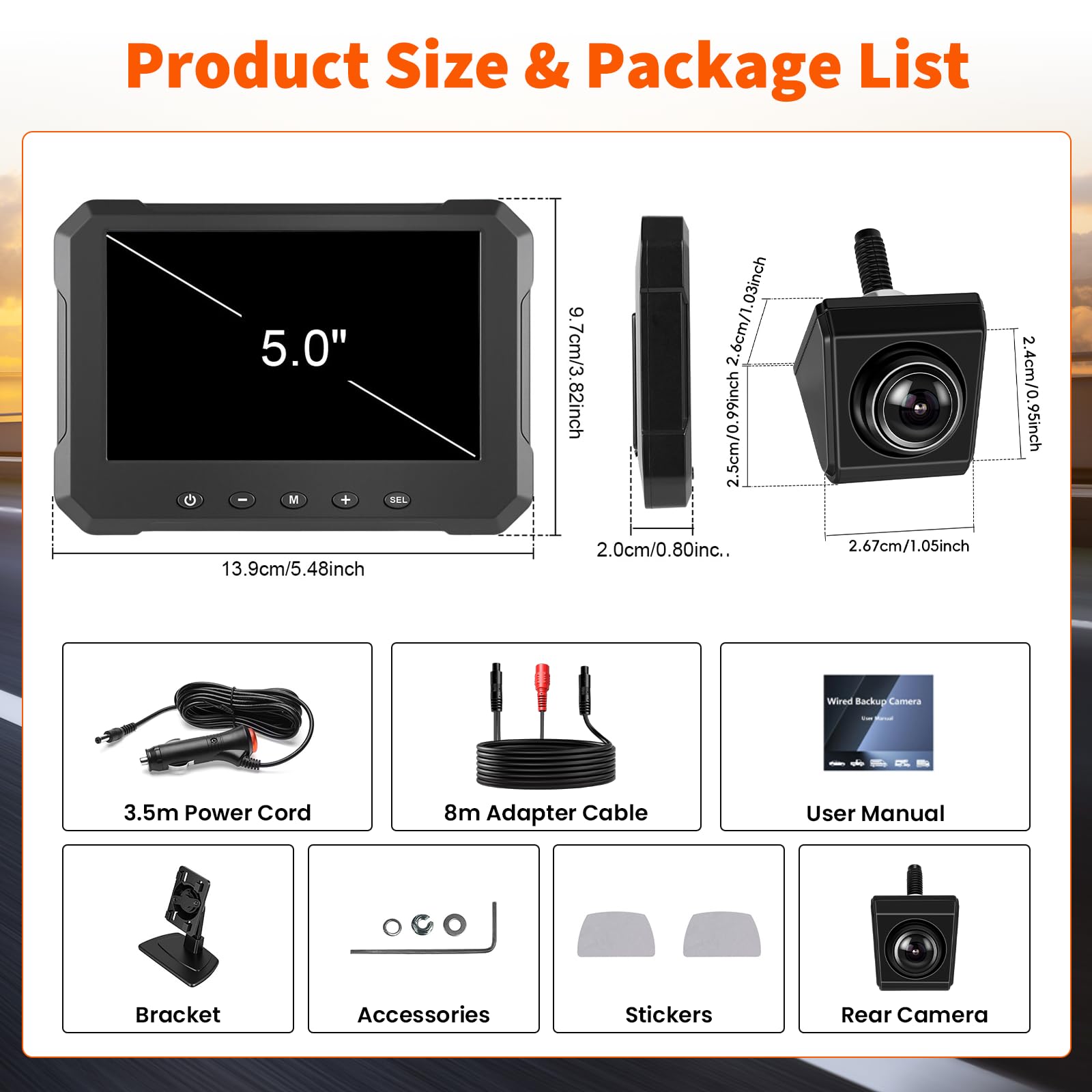 Inefala Zestaw kamer cofania z monitorem HD 5", wodoszczelność IP68, widoczność w nocy, szerokokątna kamera zapasowa z pomocnikiem wstecznym, DC 12 V-24 V do vanów, SUV-ów, ciężarówek