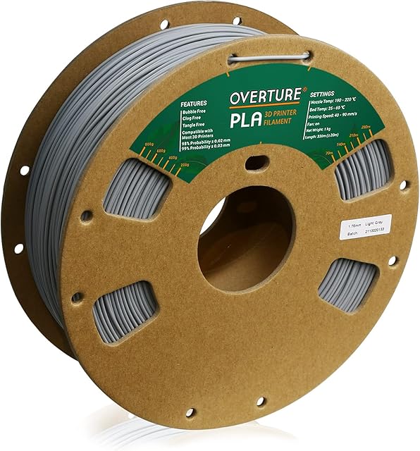 OVERTURE PLA Filament 1.75mm,Filament PLA 1kg Spool (2.2lbs), Dimensional Accuracy +/-0.03mm, Fit Most FDM Printer (Light Grey)