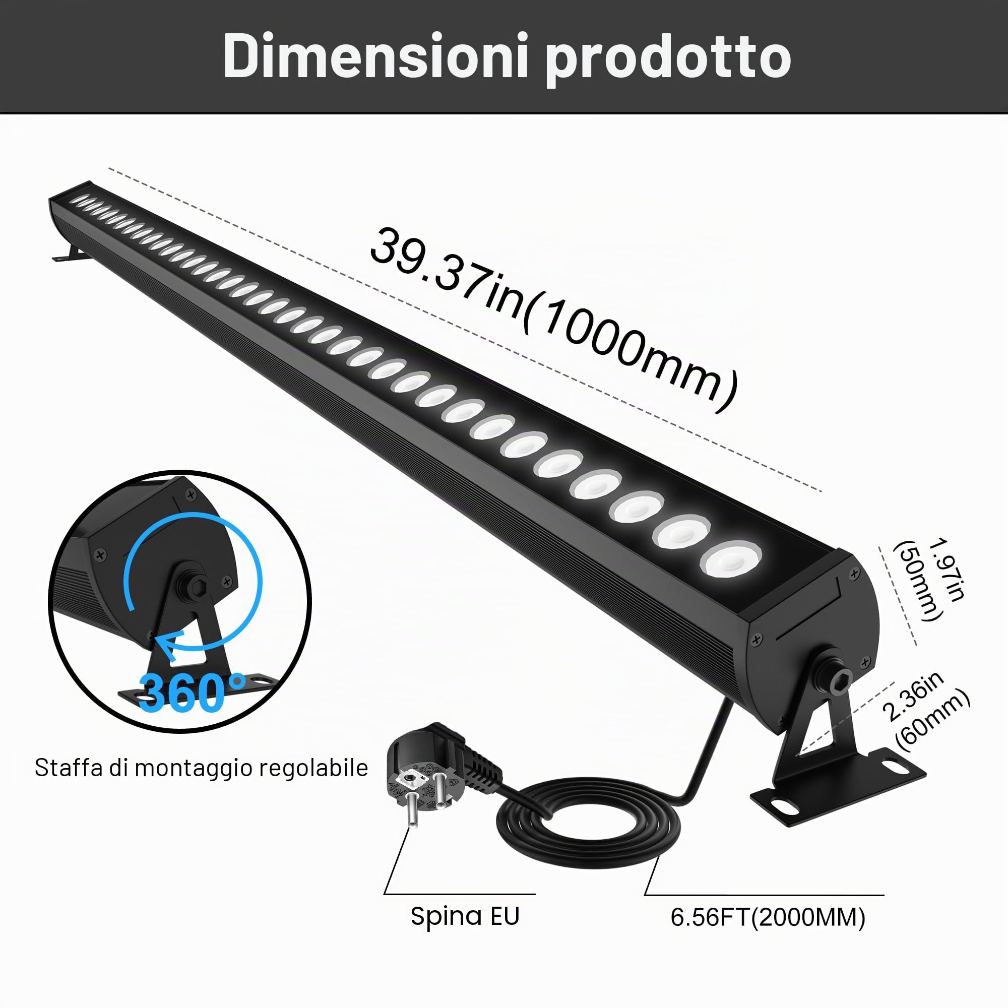 Faretto LED per esterni, 4000 K, bianco neutro, IP65, impermeabile da 1 m, con supporto e spina a 360°, barra luminosa a LED super luminosa, per giardino, terrazzo, illuminazione tettoia