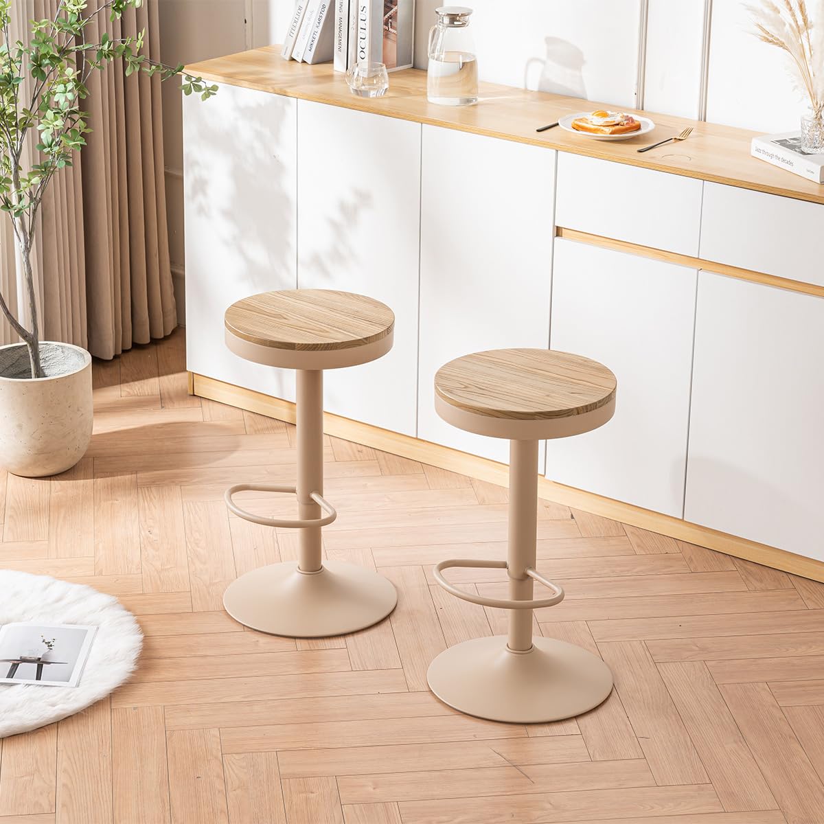 YOUNIKE Taburete de Bar Juego de 2 Taburetes de Bar de Madera Silla de Bar Alta Estructura Metálica Giratoria 360° con Reposapiés Industrial Caqui