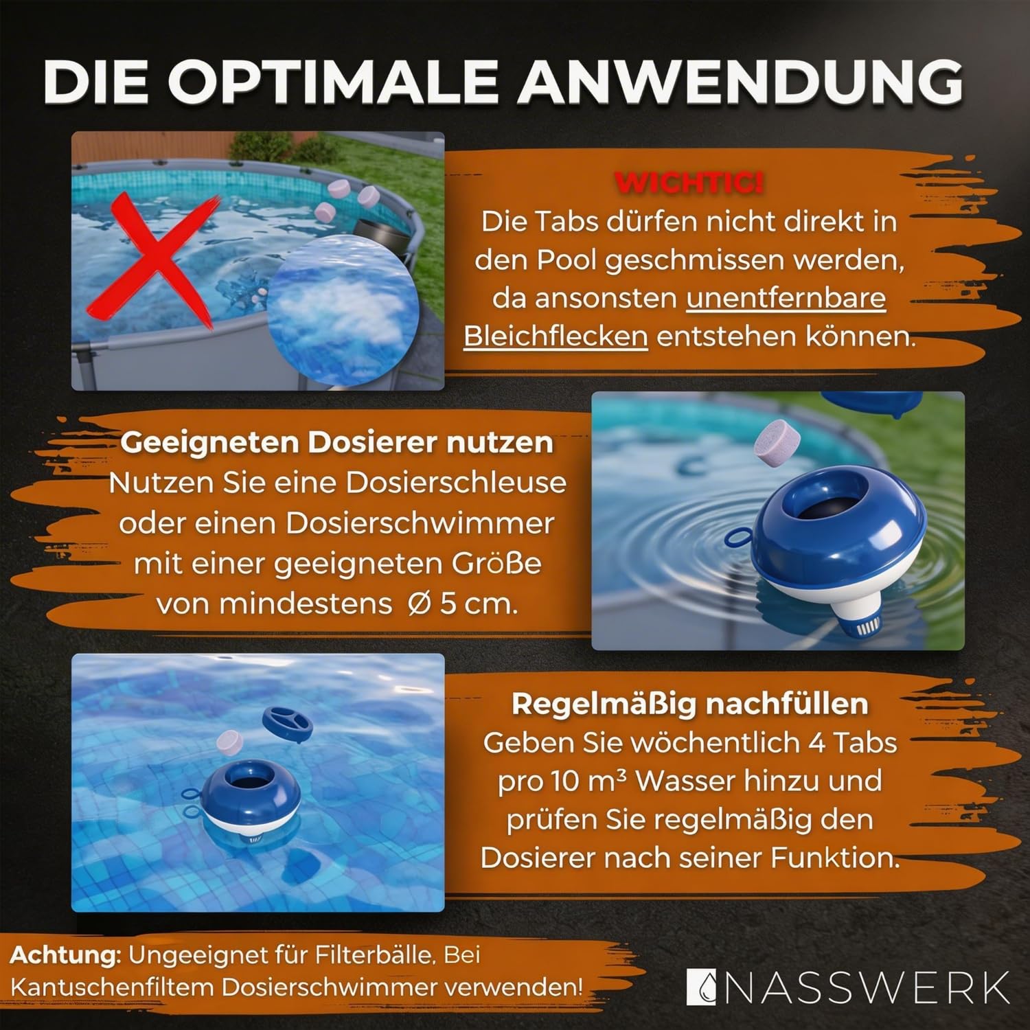 NASSWERK 5 in 1 Chlortabletten für Pool 20g (1kg bis 10kg) | Langzeit Ultra Blue Multitabs 5 in 1 für Pool & Whirlpool | Mini Chlortabs mit Chlor, Algizid, pH Regulierer, Reiniger & Aquamarin