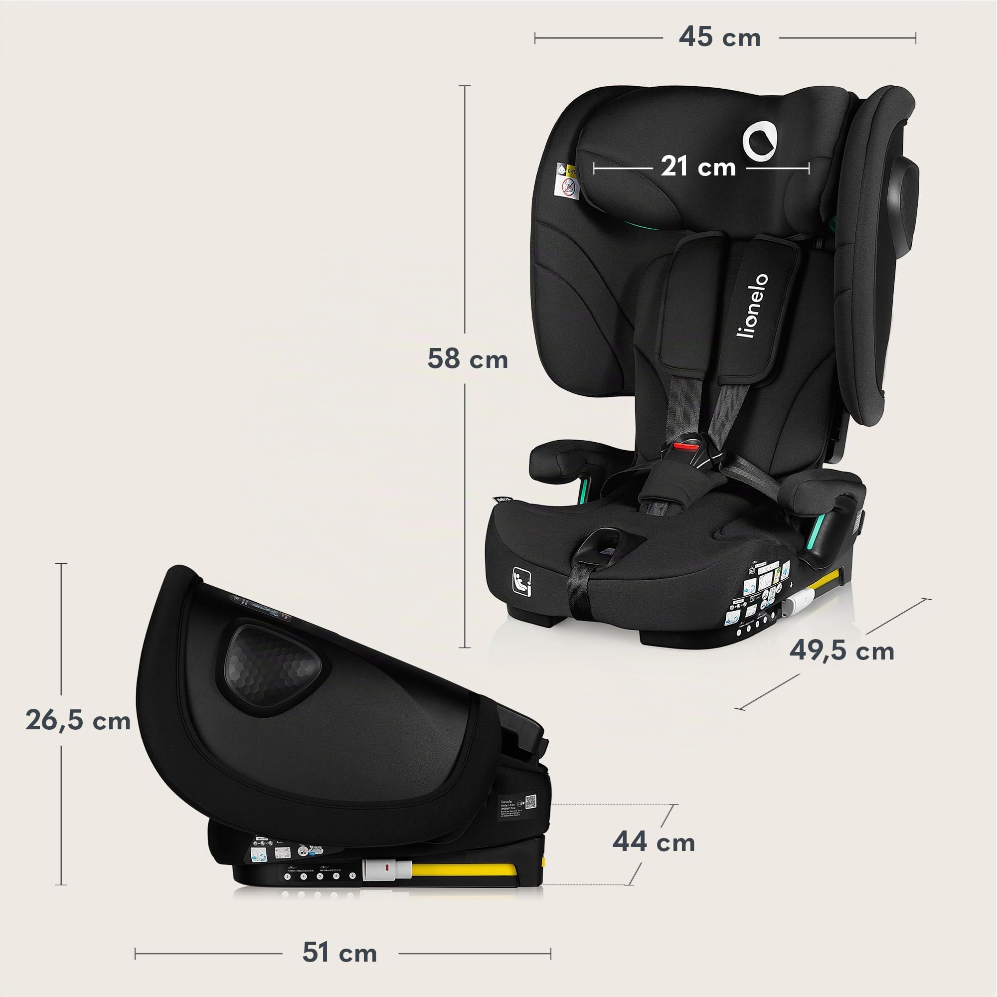 LIONELO Seggiolino Auto NELLY I-SIZE Pieghevole per Bambini 76-150 cm | (15 mesi - 12 anni) Gruppo 1 2 3 Installazione in avanti con ISOFIX o/e Cinghia TT,Protezione Laterale, Regolazione