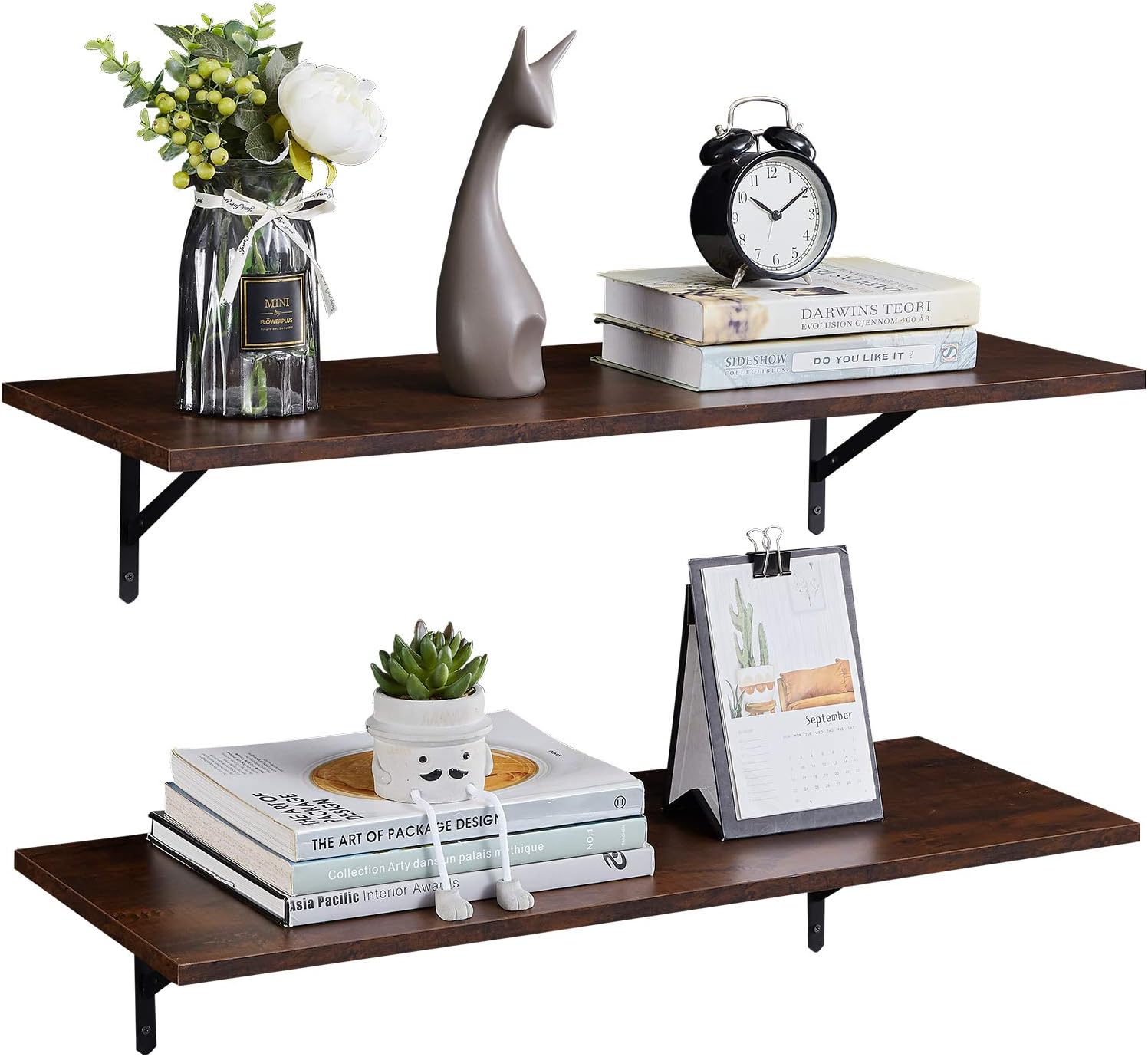 SUPERJARE 31.4 x 11.8 in Wall Mounted Shelves, Set of 2, Large Display Ledges, Rustic Wood Wall Storage Shelves for Living Room/Bathroom/Kitchen/Office - Walnut Brown
