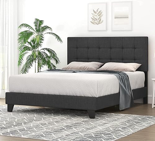 SHA CERLIN Marco de cama de tamaño matrimonial con cabecera alta ajustable, tapizado de tela, necesita somier, fácil montaje, color gris