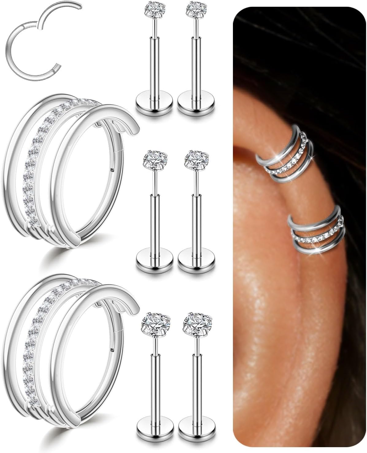 Small Cartilage Double/Triple-Hoop Helix Conch Piercing Earrings With Cubic Zirconia For Women Trendy 14K Gold Plated Titanium Surgical Stainless Steel Sets Nose Rings Hoops Septum Rings