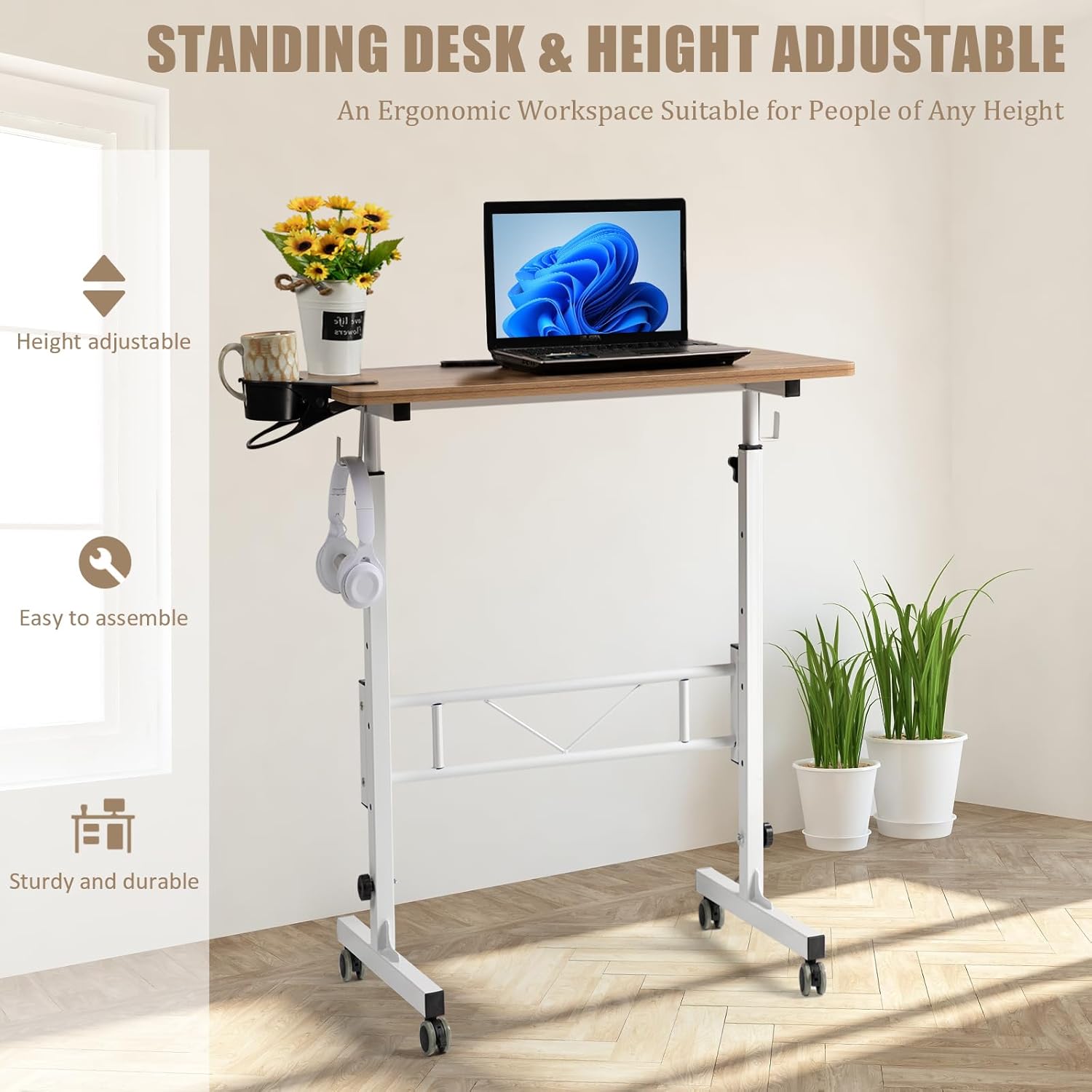 SIDUCAL Small Standing Desk Adjustable Height, Small Mobile Stand Up Desk with Wheels, Rolling Desk for Standing or Sitting, Portable Computer Desk for Walking Pad - Image 7