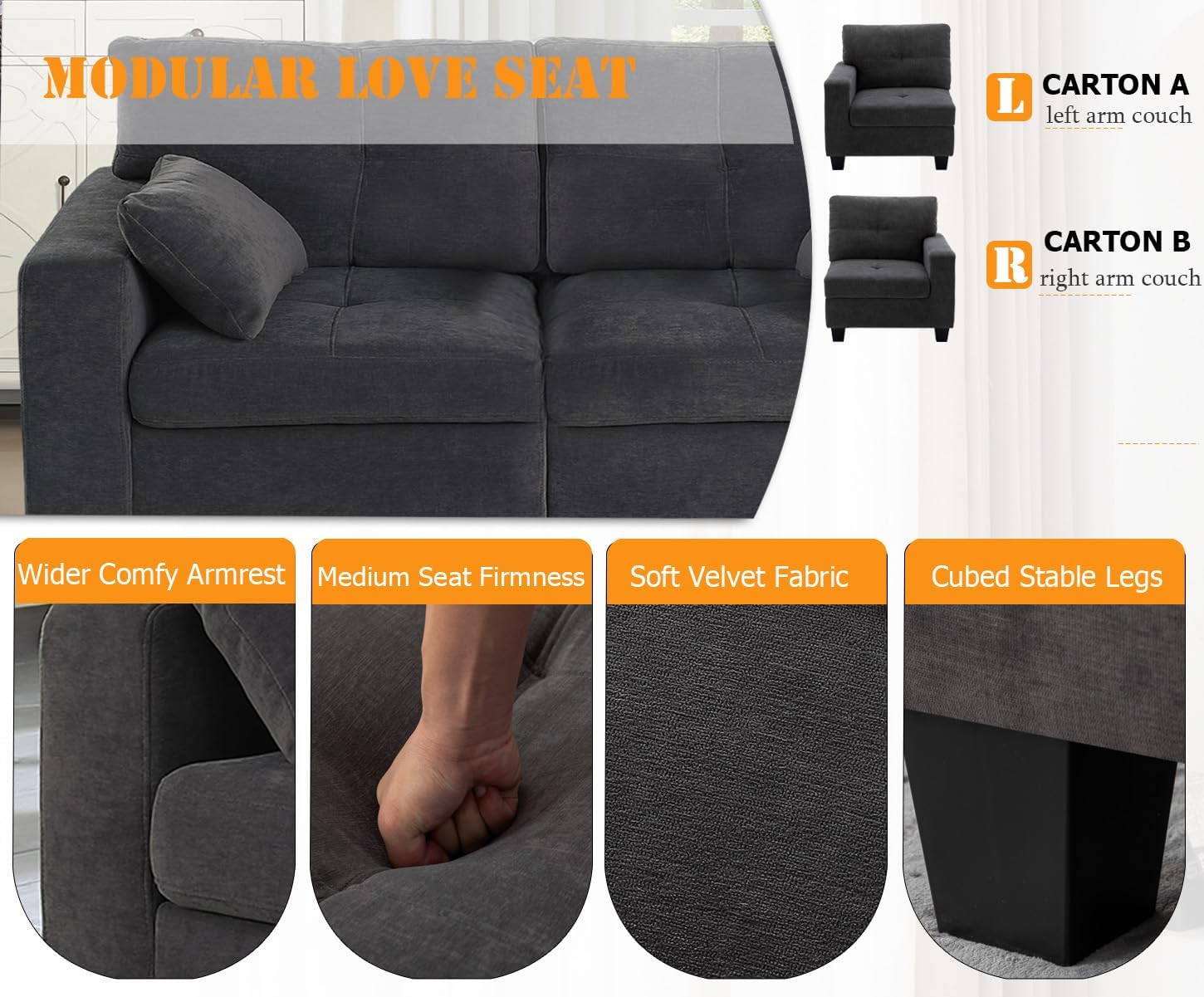 Flesser 58 Inch Loveseat Sofa Modular Sectional Small Couchfor Small Spaces Velvet Comfy 2 Seater Couches for Bedroom,Office Love Seat Couch with Throw Pillows(Dark Grey)