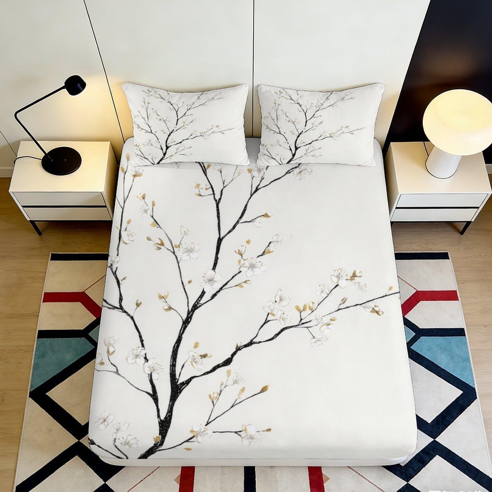 3D Printed Plum Blossom Fitted Sheet Microfiber Soft Branch Pattern Mattress Cover Bedroom Decor Anti-Slip Washable 90x200x25cm