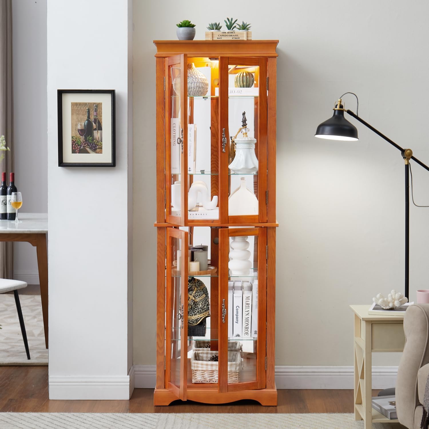 Lighted Glass Curio Display Cabinet with Wood Frame - Elegant Storage for Collectibles