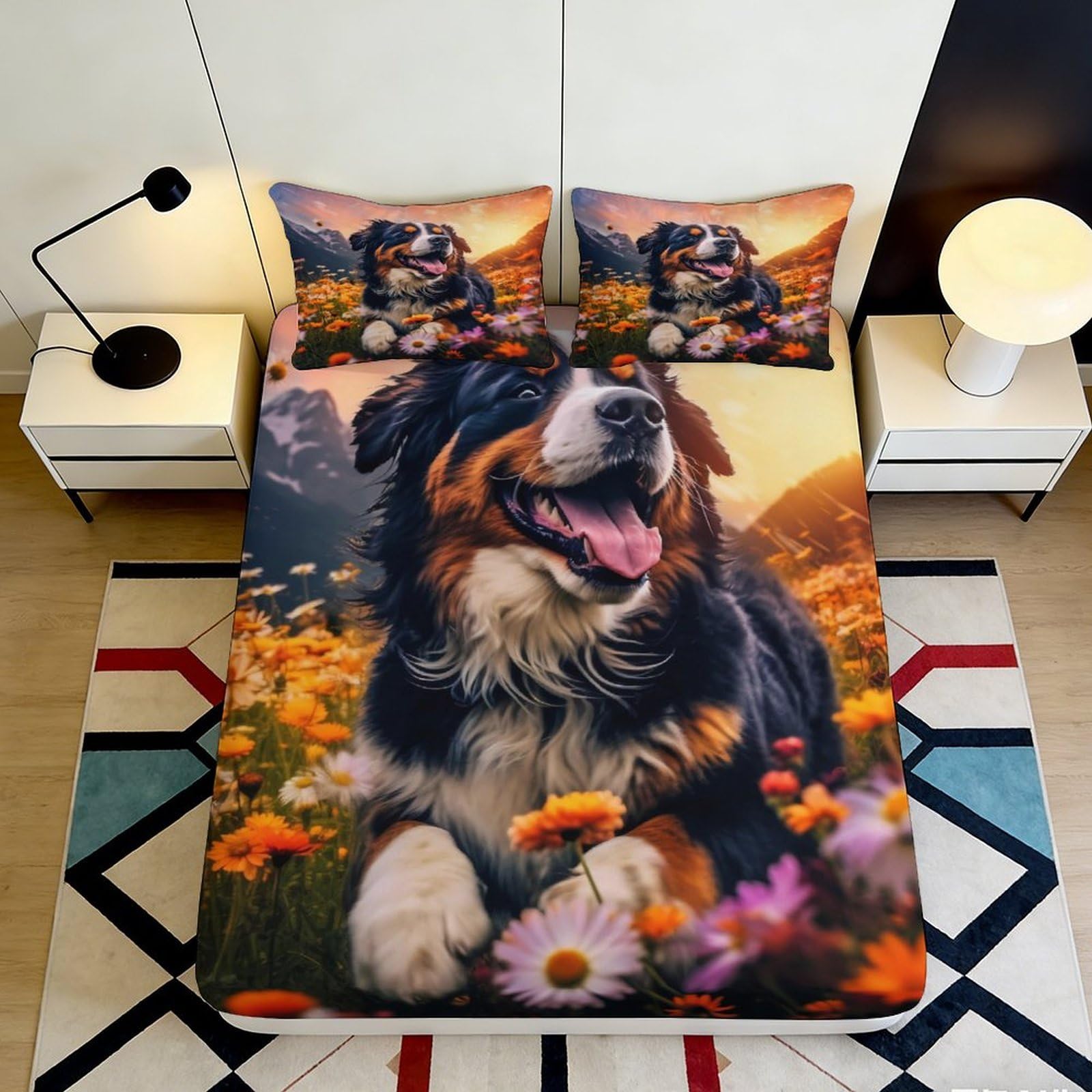 Pnayamiorkfel Style-5 3D Printed Bernese Mountain Dog Fitted Sheet Microfiber Floral Meadow Mattress Cover Anti-Slip Bedroom Home Decor Machine Washable 90X200x25cm