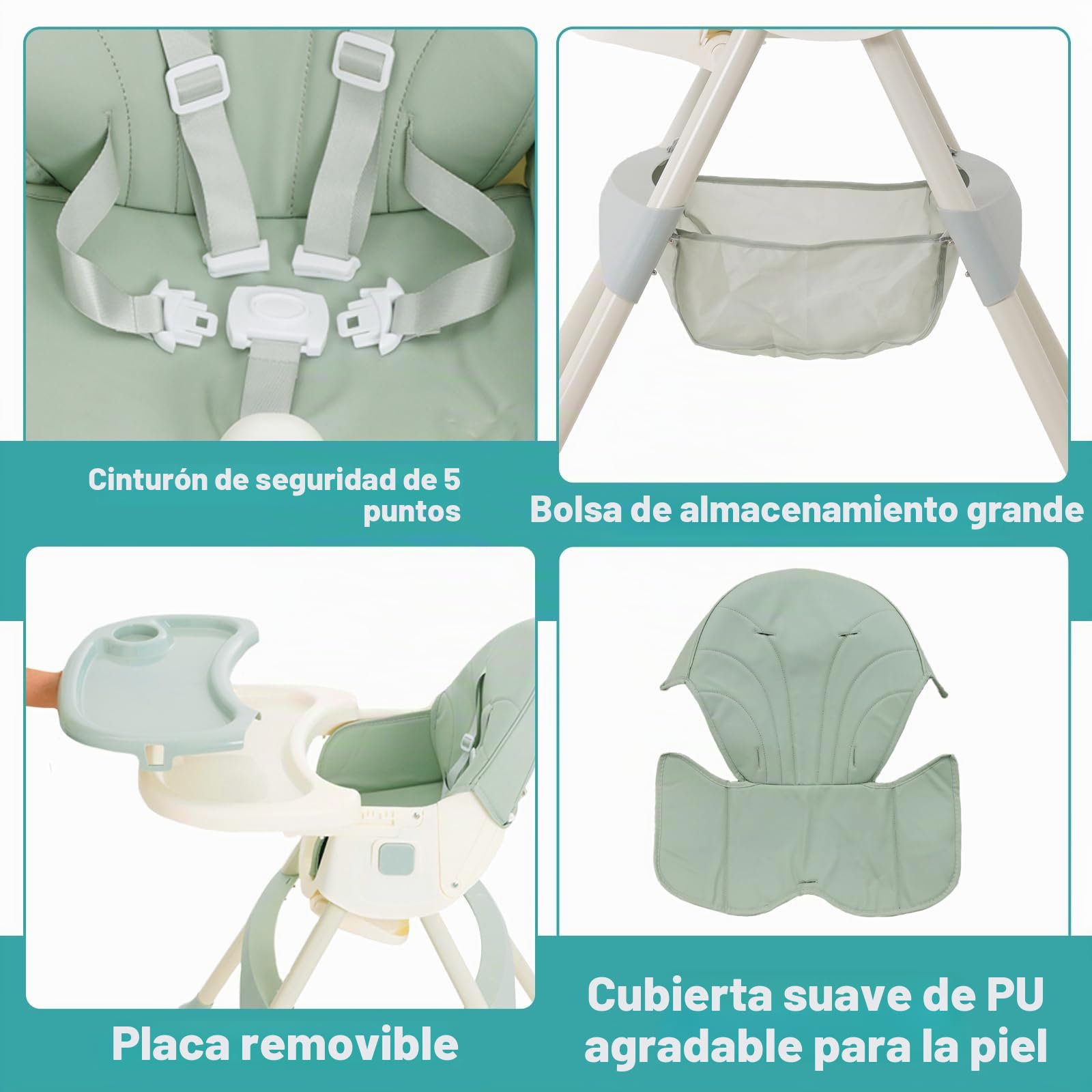 Trona Bebé Evolutiva 3 en 1,Plegable,Reclinable,Doble Bandeja Desmontable,con Ruedas Universales,3 Respaldos Ajustables y Cinturón de Seguridad de 5 Puntos,Para Bebés a partir de 6 Meses,Verde