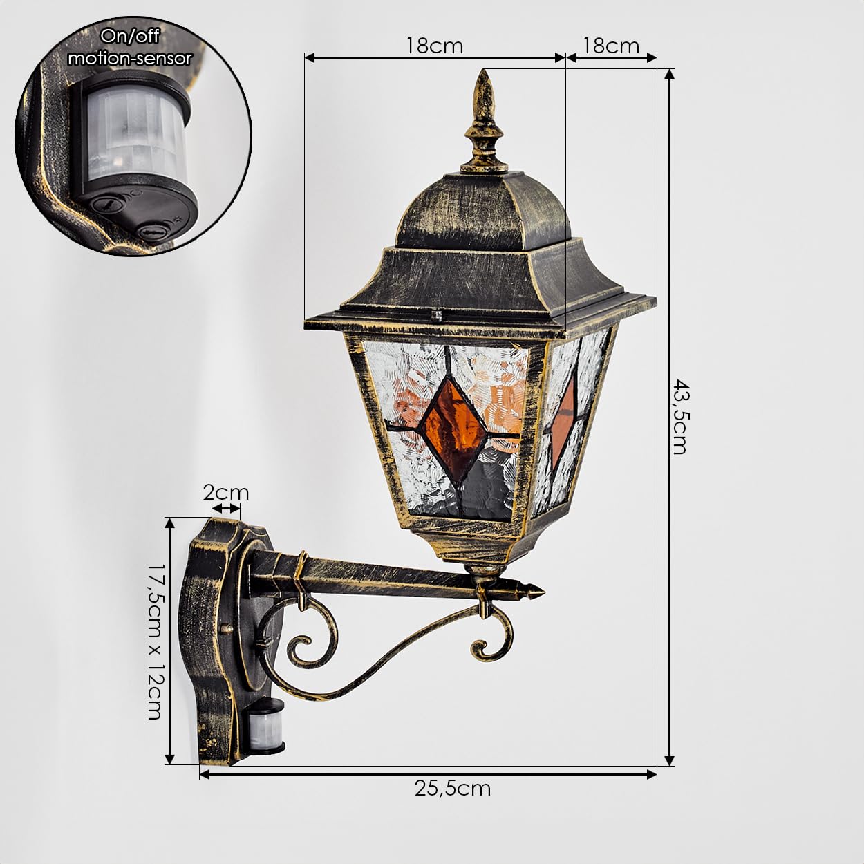 HOFSTEIN Außenwandleuchte Chatelain, Außenwandlampe m. Bewegungsmelder aus Metall/Glas in Gold/Schwarz/Klar/Bernstein, Wandleuchte außen aufwärts, Vintage/Antik/Landhaus für Garten, Haustür, E27, IP44