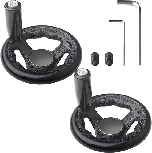 Jingzan Paquete de 2 ruedas de mano redondas de 0.47 x 4 pulgadas de diámetro, mango giratorio de tres radios W para torno de manivela de molino