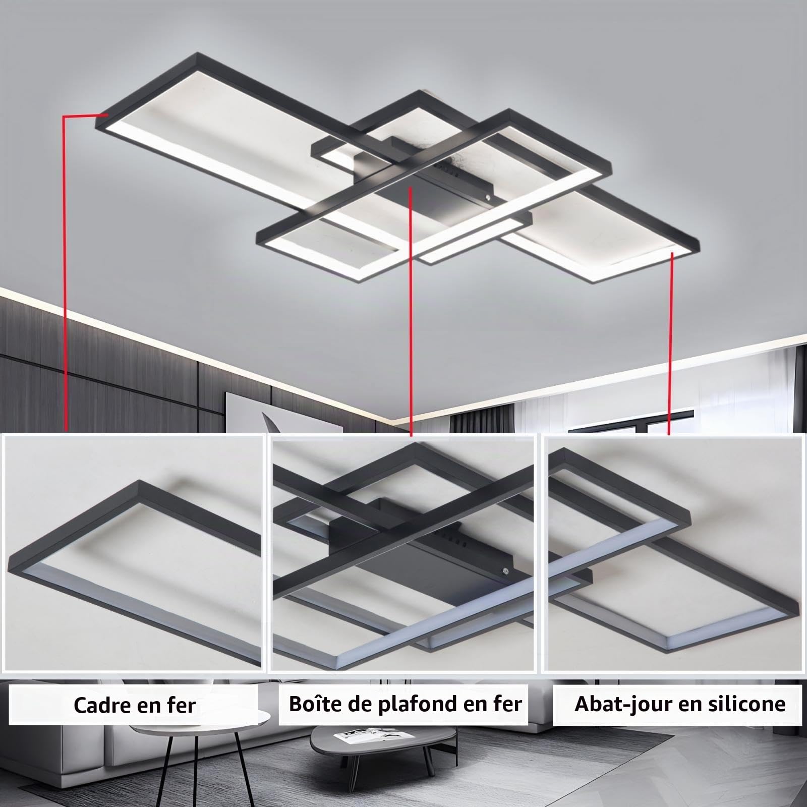 LED Plafonnier Applique Murale Lampe de plafond Moderne Noir Rectangle Désign Abat jour Applique pour Chambre Salon Cuisine Salle à manger Loft Escalier Couloir Dimmable avec télécommande,Noir,90cm