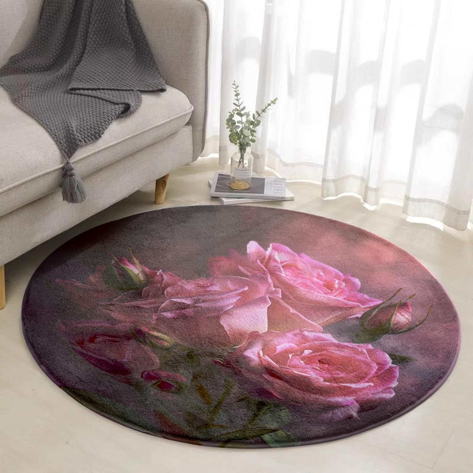 Tapis rond fleur rose gris pour terrasse jardin salon chambre 100cm